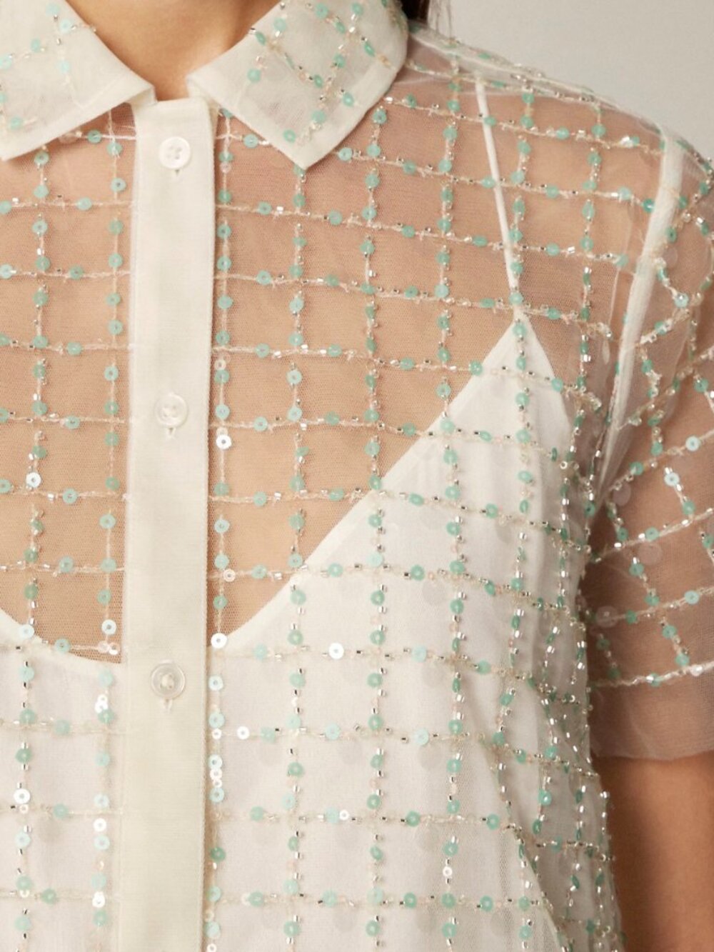 J. Crew Embellished button-up short-sleeve shirt Size 14 Sequin Cream - Picture 2 of 7